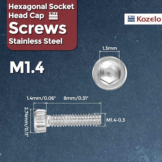 Kozelo 40pcs Socket Head Cap Screws - [M1.4-0.3 x 8mm] 304 Stainless Steel Allen Socket Drive for Electrical Motor 3D Printing Fan Engine Replacement Use, Silver
