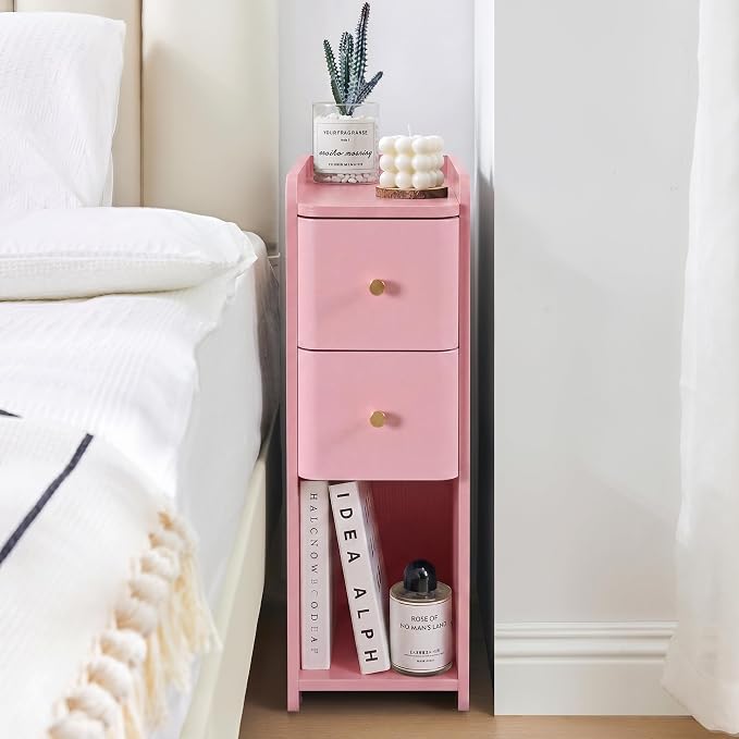 Narrow Nightstand Set of 2, Wooden Small 2 Drawer Nightstand, Slim Side End - Image 8