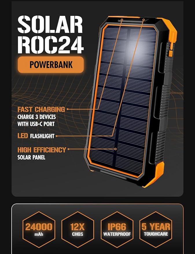 ToughTested Solar Power Bank 24000mAh, Fast Charging Portable Charger External Battery Pack with LED Flashlight, IP67 Waterproof Dustproof Shockproof for Camping, Travel & Emergency Use