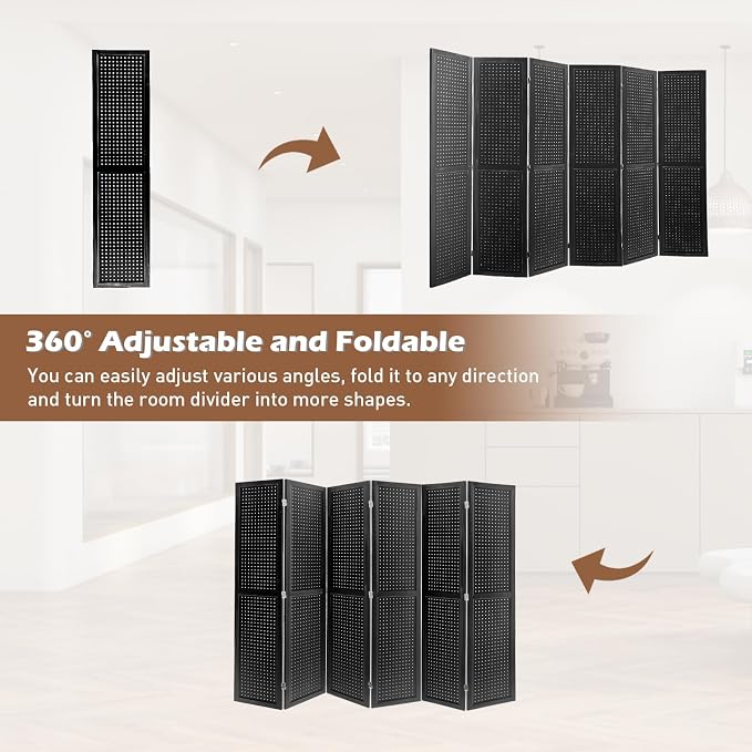 6 Panel Pegboard Room Divider | Black Wood Folding Privacy Screen - Image 5