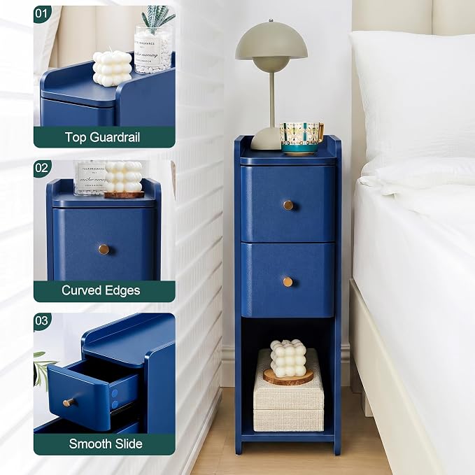 Narrow Nightstand Set of 2, Wooden Small 2 Drawer Nightstand, Slim Side End - Image 9