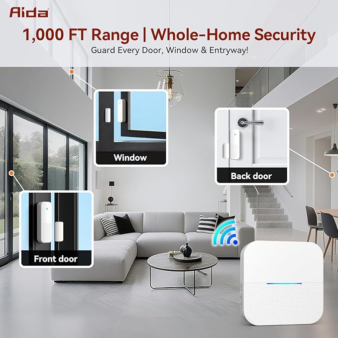 AIDA Door Alarms When Opened Wireless Ring Chime Sensor Alarm for Business/Home/Kids - 600ft Range, 58 Ringtones, 5 Volume Levels, Open Alert, Easy Install (1 Receiver + 3 Sensor)