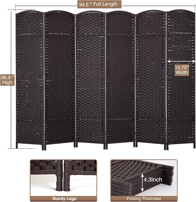 Room Divider 6 Panel 5.6 FT Tall Privacy Screen Waterproof Wood Frame Partition - Image 7