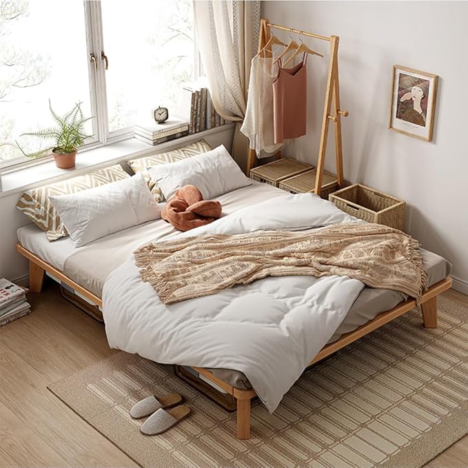 California-King Platform Bed Base - 14 Inch Solid Wood Mattress Foundation with Support Slats and Legs, California King Size Rubberwood Simple Bed Frame