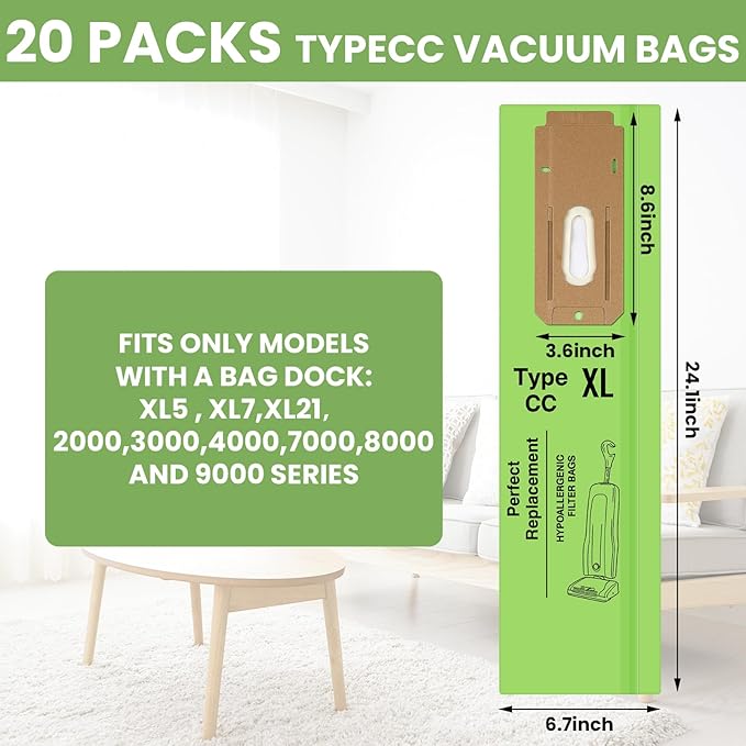 Therwen 20 Pack XL Vacuum Cleaner Bags Compatible with Oreck Type Cc, All Commercial Upright Vacuum Hypo-allergenic Disposable Upright Cleaner Bags