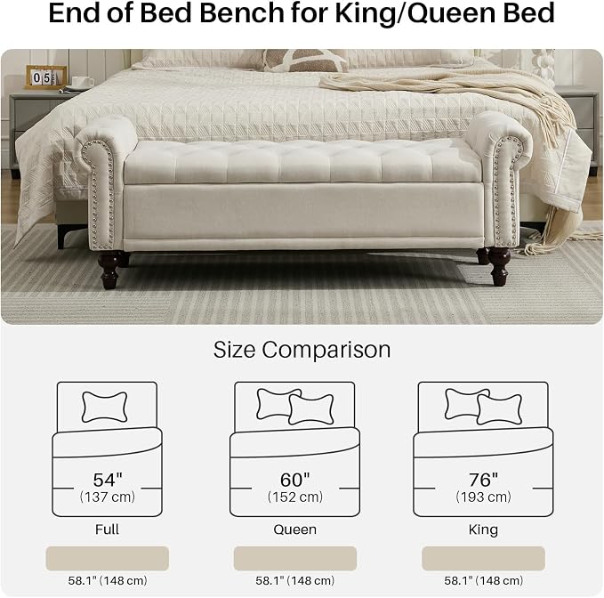 SOFTHION 58.1" Storage Bench for Bedroom, Linen Upholstered - Image 5