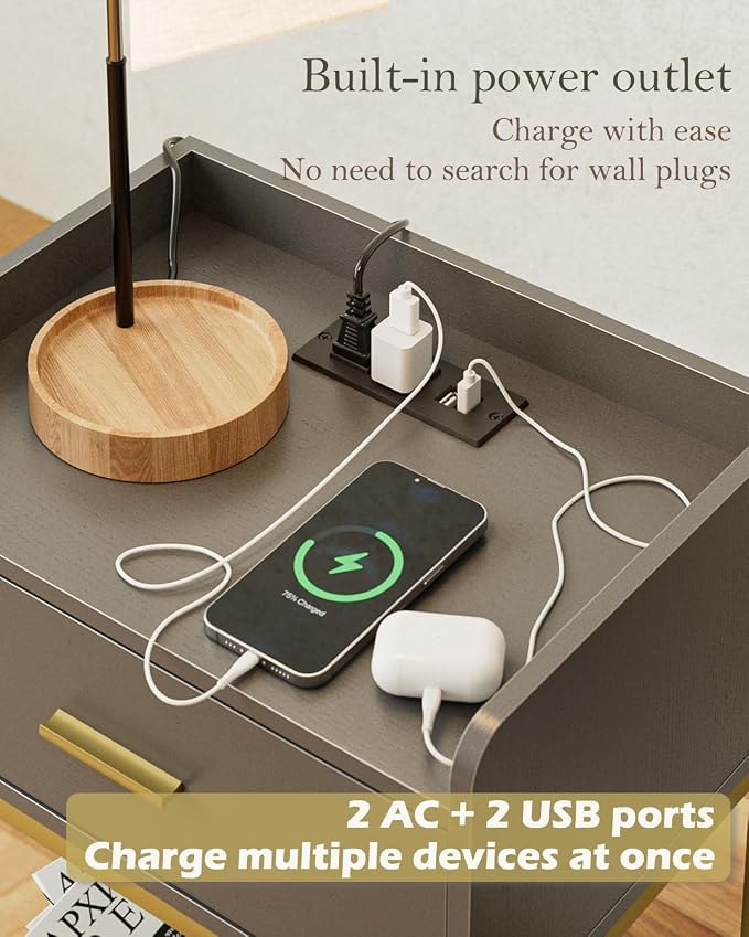 Nightstand with Charging Station, 3-Tier Bedside Table - Image 3