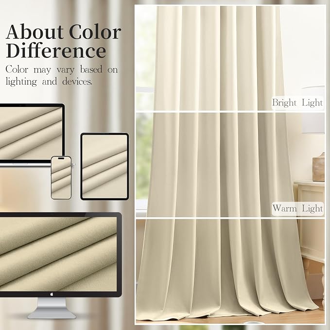 Ivory Velvet Curtains 96 Inch for Bedroom Light Filtering Soundproof | 50% - Image 9