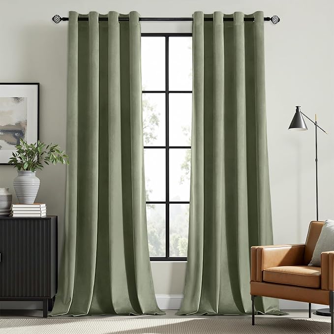 MIULEE Velvet Curtains Sage Green 52 x 63 Inch Length Set of 2 | Grommet Drapes by MIULEE