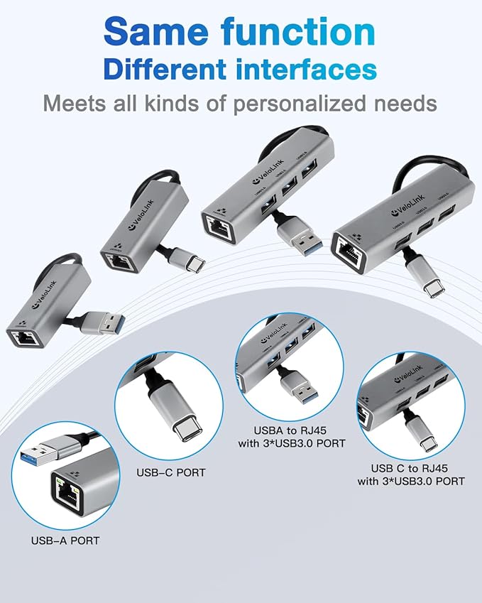 Velolink 4-in-1 USB 3.0 Hub with Gigabit Ethernet Adapter for Laptop, PC, MacBook Pro (RJ45 TYPEC HUB 01)