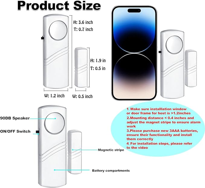 Security Door Window Alarm, Wireless Sensor Door Window Burglar Alarm, Door Alarms for Kids Safety, Easy Installation Doorbell Alarms for Office House Window Pool (4 Pack)