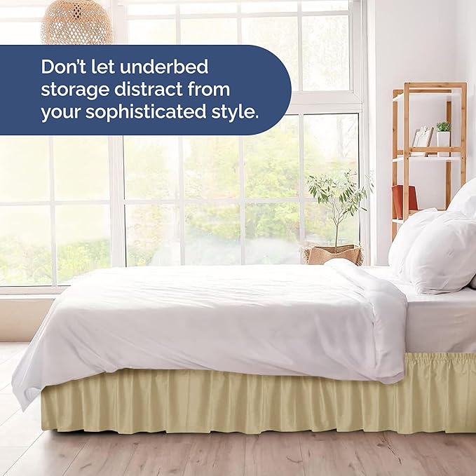Wrap Around Dust Ruffle Bed Skirt - Beige - for King Size Beds with 12 Inch Drop - Easy Fit Elastic Strap - Adjustable Pleated Bedskirt w/Brushed Fabric - Wrinkle Free - for Women, Men, Kids & Teens