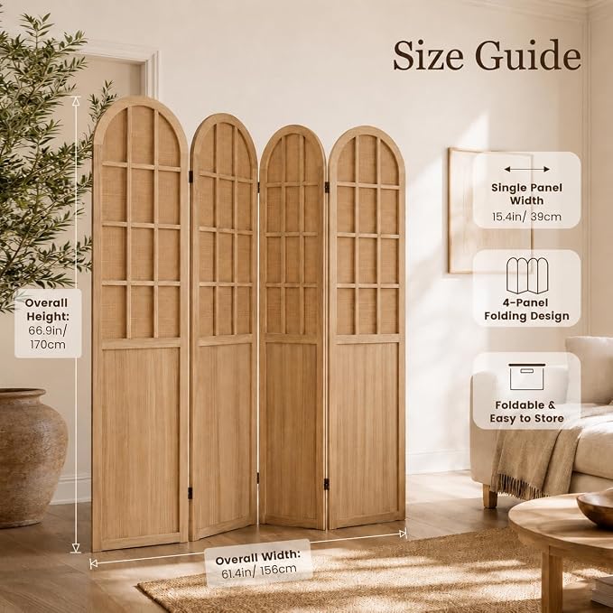 4 Panel Room Divider Privacy Screen Bamboo Wood Light Brown | Folding - Image 2