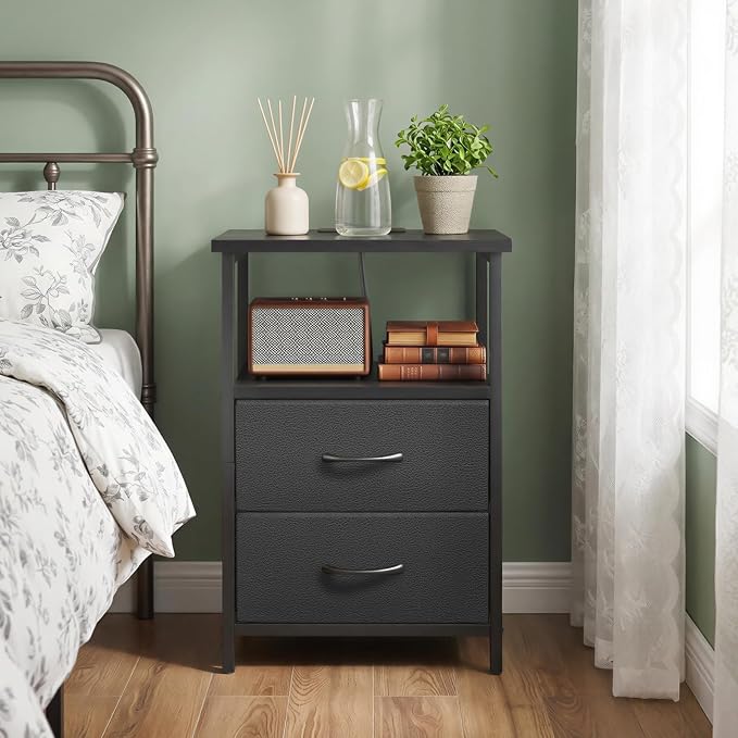 Fixwal Night Stand with Charging Station, 2 Fabric Drawers, 2 AC outlets & 2 - Image 5