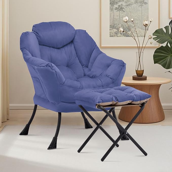 Lazy Chair with Ottoman, Comfy Reading Chair, Dark Blue | Cushioned Seat with - Image 2