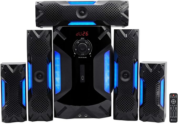 Rockville HTS56 1000W 5.1 Channel Home Theater System, Bluetooth, USB, 8" Subwoofer, LED Light Effects, Remote Control, Optical Input, for Movies, Music & Karaoke