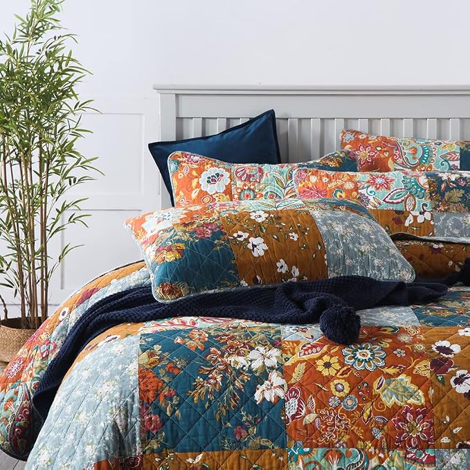 Autumn Dream Cotton Bedspread Yellow Grey Patchwork Quilt, King Size | Cotton - Image 2