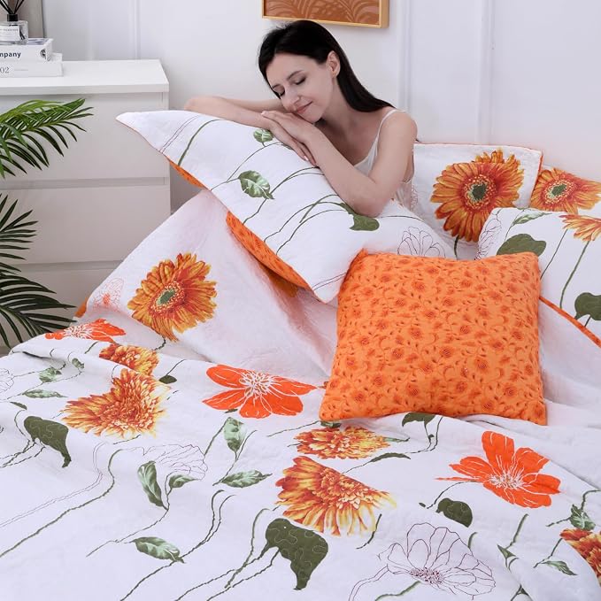 EVENHUG 100% Cotton Quilt Twin Size Orange Sunflower Bedding Set Floral - Image 3