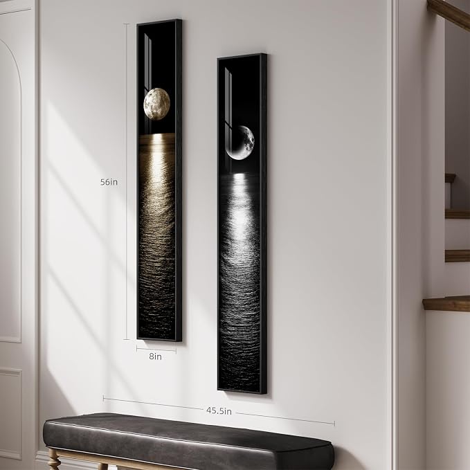 Framed Vertical Moon Wall Art Set of 2, Modern Black White Gold Landscape - Image 2