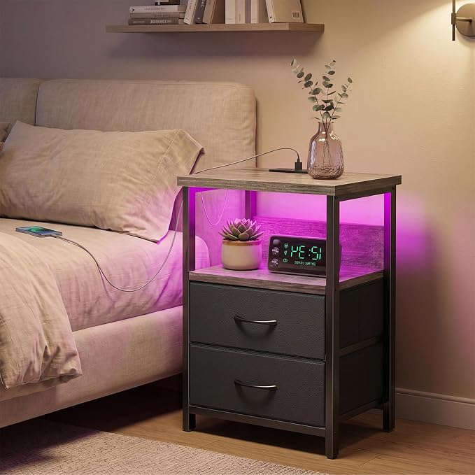 Fixwal Night Stand with Charging Station, Led Nightstand, 2 Fabric Drawers | - Image 7
