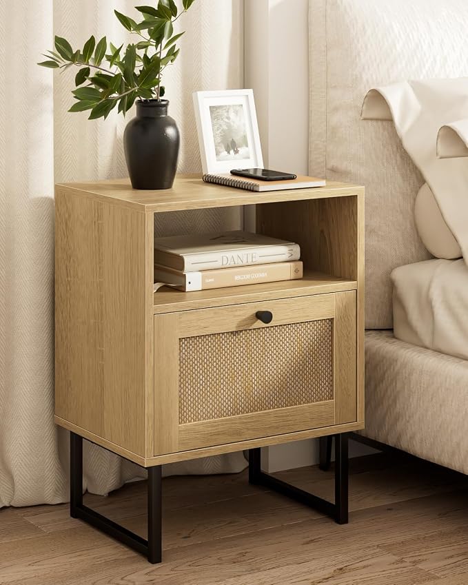 Masupu Extra Large Rattan Nightstand, Modern Boho Farmhouse Wood Bedside Table by Masupu