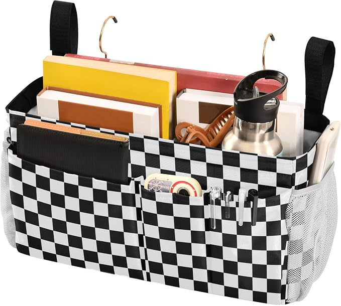 Black White Checkerboard Print Bedside Caddy Storage Bag Bedside Organizer - Image 3