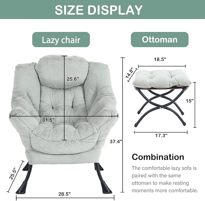 Lazy Chair with Ottoman, Comfy Accent Reading Chair, Plush Green | Foldable - Image 3