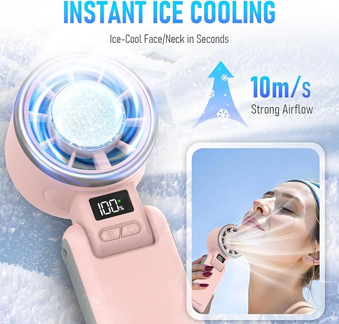 PlayHot Portable Handheld Turbo Fan with Ice Cooling, Rechargeable Personal Fan, Up tp 12Hrs Cooling, 5 Speed 25550RPM Powerful Portable Fan for Travel, Outdoor, Camping, Hiking (Pink)