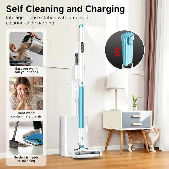AKAVAC Cordless Stick Vacuum Cleaner with Auto Empty System Self-Charging Base, Powerful Suction for Pet Hair on Carpet & Hardfloor, Lightweight Anti-Tangled Handheld Vacuum, HEPA Filtration, Blue