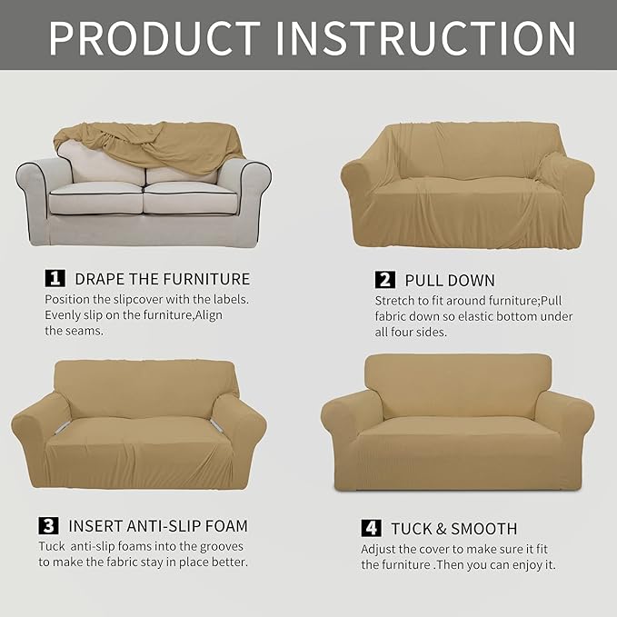 Easy-Going Stretch Loveseat Slipcover 1-Piece Sofa Cover Furniture Protector Couch Soft with Elastic Bottom for Kids Polyester Spandex Jacquard Fabric Small Checks (Loveseat, Golden)