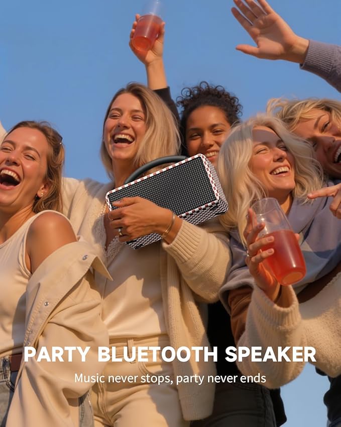 DINDIN Portable Bluetooth Speaker: 80W (Peak), 20H Playtime, Loud Wireless Wood Speakers with Bass, AUX and USB Input, Subwoofer, TWS Pairing, Vintage Speaker for Outdoor, Home, Office (Red+White)