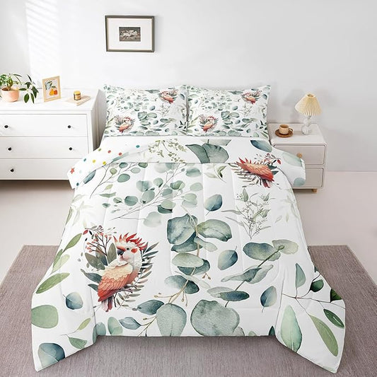 Erosebridal Cartoon Animal Bedding Full Size for Kids Toddler Kawaii Parrot Comforter Set Full, Wild Bird Duvet Insert Cute Wildlife Quilt Comforter, Green Eucalyptus Bedding Comforters & Sets