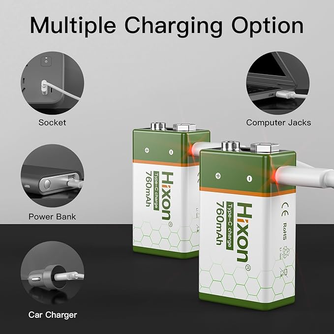 Hixon USB 9V Rechargeable Lithium Batteries - Long-Lasting 760mAh 9 Volt LI-ion Batteries with Type C Charging Cable - for Alarms Wireless Microphones Smoke Detectors Toys(8 Pack)