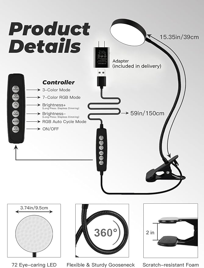 Clip on Light, 10 RGB Colors+10 Brightness Small Desk Lamp - Image 7