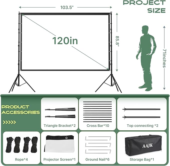 AAJK 120in Projector Screen with Stand,Portable 16:9 4K HD Indoor Outdoor Projection Screen with Wrinkle-Free Design, Ideal for Home Theater and Backyard Cinema – Includes Carry Bag