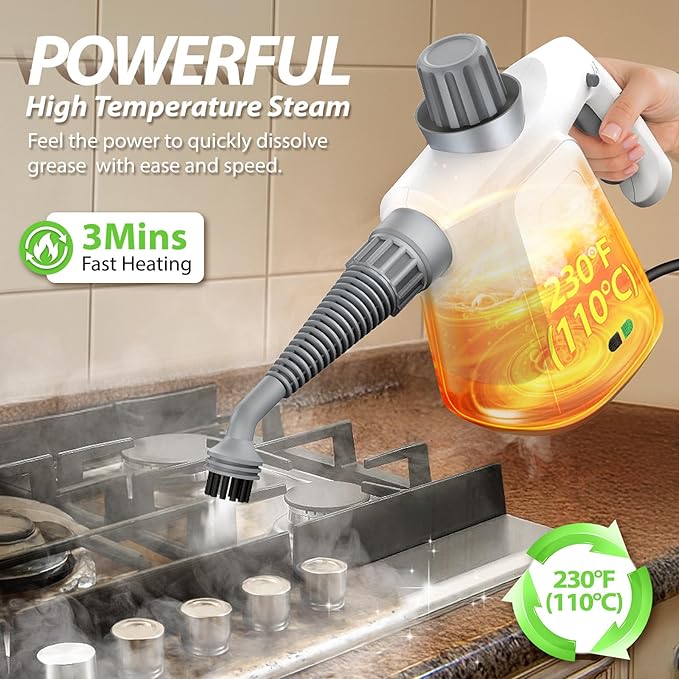 LaoTzi Steam Cleaner Handheld, 1300W High Pressure Natural Steamer with 450ml Large Tank & Hands-Free Lock, 14-Piece Steam Cleaner Pro Toolkit for Home, Kitchen, Car, Tile, Grout, Grill & Upholstery