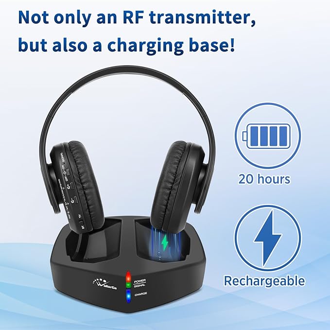 WallarGe Wireless Headphones for TV Watching, Easy Setup and Comfortable Bluetooth Headphones with RF Transmitter Charging Dock, 100 Ft Wireless Range, Rechargeable 25 Hours Play and No Audio Delay