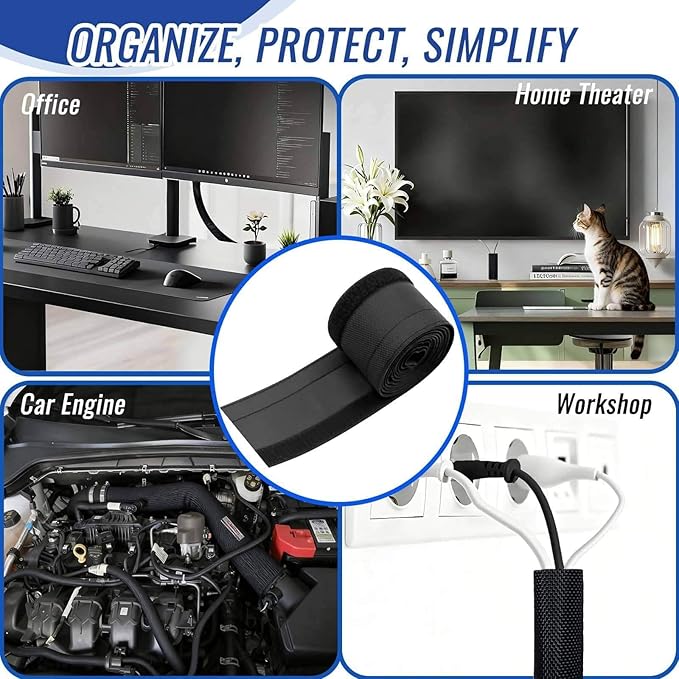Flauzmann 3/4" - 6.6FT Hook and Loop Cable Sleeve, Dog Cat Cord Protector Waterproof Split Sleeving for USB Computer Office Automotive Audio Cables - Protects Cables from Pets Chewing - Black