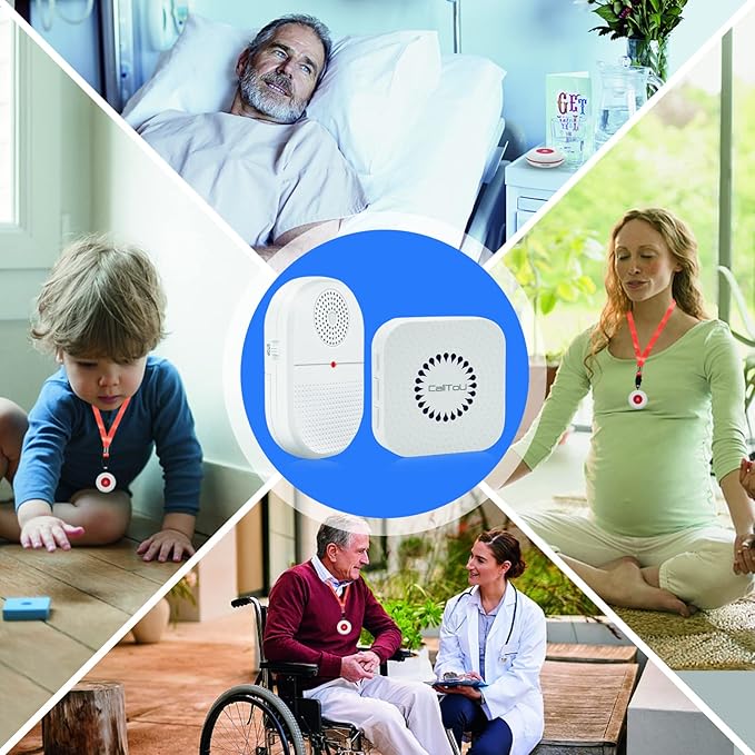 CallToU Wireless Caregiver Pager Waterproof Call Button Vibration Call Button for Elderly at Home Disabled Patient Elderly Monitoring Nurse Calling 2 SOS Call Buttons/Transmitters 500FT 2 Receivers