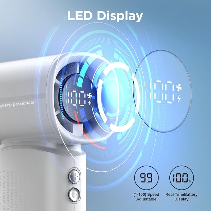 K-RUNMAN Portable Handheld Turbo Fan, 5 Gear Wind, Battery Operated, Up to 12 Working Hours, LED Display with Air Turbo Tech Cooling Fan for Outdoor Activities, Travel, Beach (Gray)
