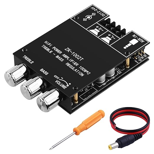 ZK 1002T Bluetooth 5.0 Amplifier Board, 2x100 Watt amp with TPA3116D2 Chip, Stereo Amplifier 2.0 Channel with Treble and Bass Control BT and AUX Inputs for DIY Speaker Kit