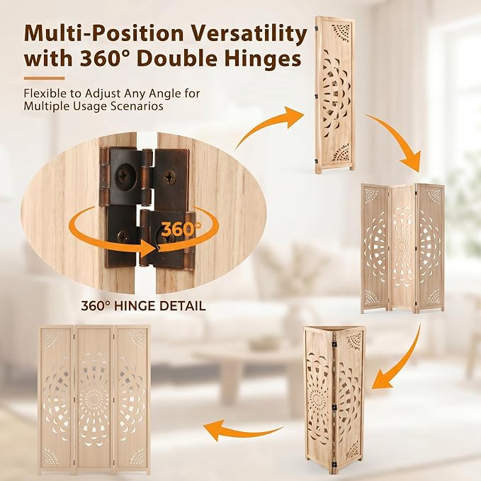 3 Panel Room dividers, 66.9" Boho Double-Sided Carved Screen, Natural | - Image 4