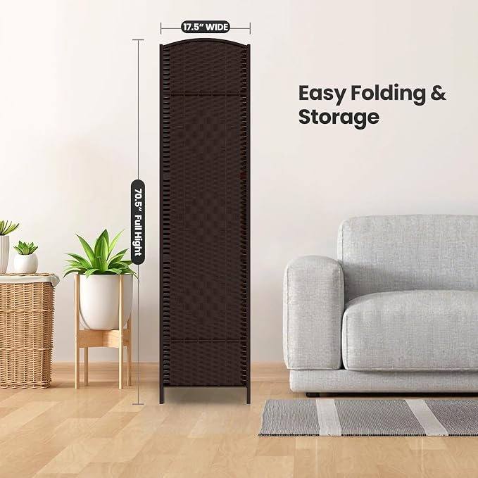 4 Panel Folding Room Divider, Woven Privacy Screen, Chocolate | Solid wood frame - Image 7