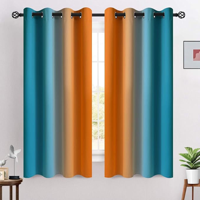 COSVIYA Grommet Ombre Blackout Orange and Blue Curtains, W52 x L63 inch | Room - Image 2