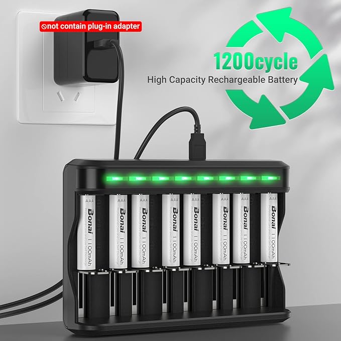 BONAI AAA Rechargeable Batteries, 8 Pack 1100mAh NiMH Batteries with Smart Universal Battery Charger