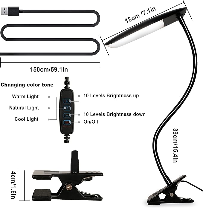 LiFMIRA Clip on Lamp USB Reading Light 3 Color Modes 3000-6000K 8W 40 LED | - Image 6