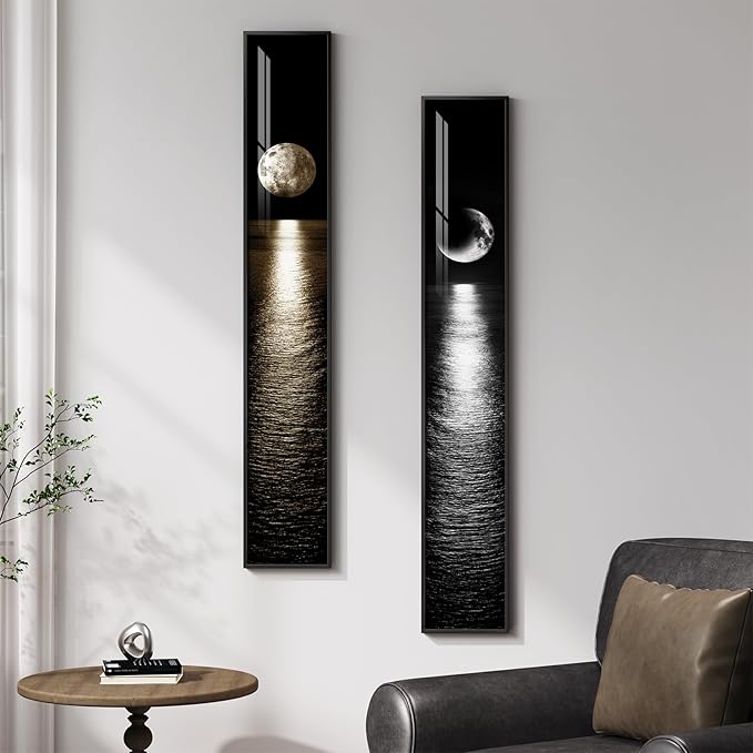 Framed Vertical Moon Wall Art Set of 2, Modern Black White Gold Landscape - Image 3