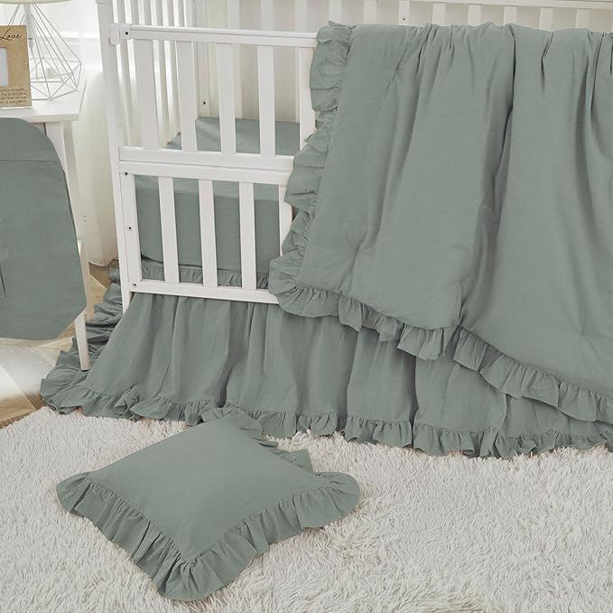 Brandream Boho Bohemian Girl Baby Nursery Crib Bed Skirt Dust Ruffle - Neutral Solid Color Sage Green Farmhouse Chic 100% Washed Cotton Ruffle
