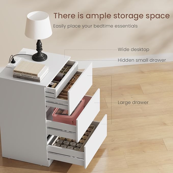 Nightstands Set of 2 with Charging Station and Hidden Drawer, Modern Night Stand - Image 4