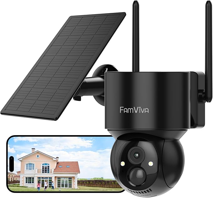 FAMVIVA 2K Solar Security Cameras Wireless Outdoor, 360°PTZ Battery Powered Cameras for Home Security, 2.4G WiFi Outdoor Camera with Color Night Vision, IP66 Waterproof, Motion Sensor Alarm, Black